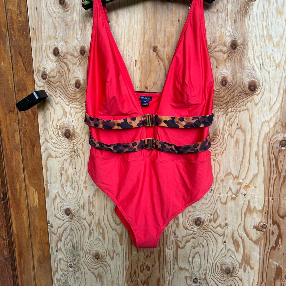 Red One-Piece Swimsuit with Leopard Accents